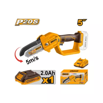   INGCO Akkus mini láncfűrész 127 mm 20 V (1 x 2,0 Ah akku + töltő)
