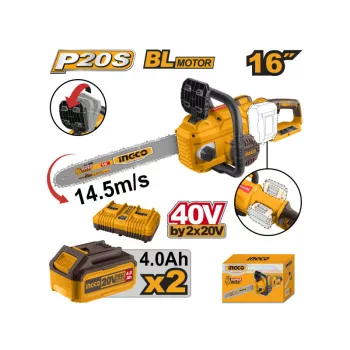   INGCO Akkus láncfűrész 400 mm szénkefe nélküli 2 x 20 V (2 x 4,0 Ah akku + töltő)