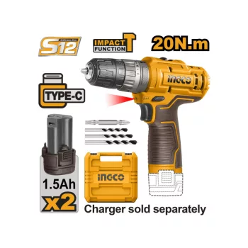   INGCO Akkus ütvefúró-csavarozó 20 Nm 12 V (2 x 1,5 Ah akkus, töltő kábel nélkül)