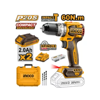   INGCO Akkus ütvefúró-csavarozó 60 Nm szénkefe nélküli 20 V (2 x 2,0 Ah akku + töltő)