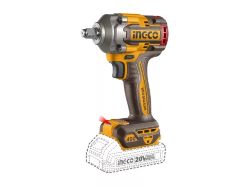 INGCO Akkus ütvecsavarozó 1/2" 400 Nm szénkefe nélküli 20 V (2 x 2,0 Ah akku + töltő)