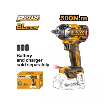   INGCO Akkus ütvecsavarozó 1/2" 500 Nm szénkefe nélküli 20 V (akku és töltő nélkül)