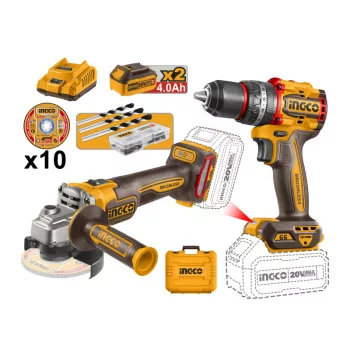   INGCO Akkus erőcsomag 20 V Ütvefúró-csavarozó 66 Nm+Sarokcsiszoló 115 mm (2 db akku + töltő)