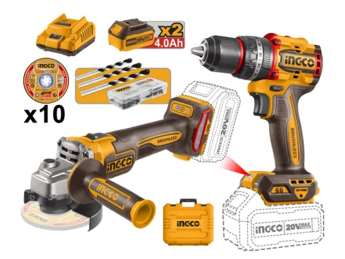 INGCO Akkus erőcsomag 20 V Ütvefúró-csavarozó 66 Nm+Sarokcsiszoló 115 mm (2 db akku + töltő)