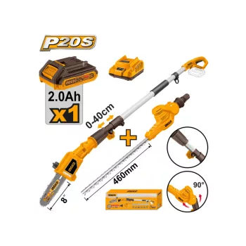   INGCO Akkus magassági sövény 460 mm és ágvágó 200 mm 0-400 mm 20 V (1 x 2,0 Ah akku + töltő)