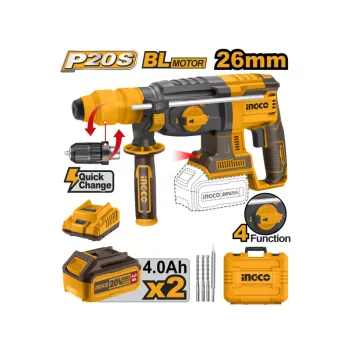   INGCO Akkus kombikalapács 2,5 J SDS-Plus szénkefe nélküli 20 V (2 x 4,0 Ah akku + töltő)