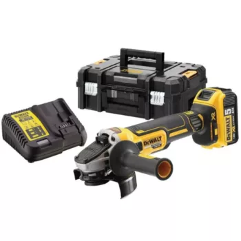   DEWALT Akkus sarokcsiszoló 125 mm 18 V szénkefe nélküli (1 x 5,0 Ah akku + töltő + TSTAK)