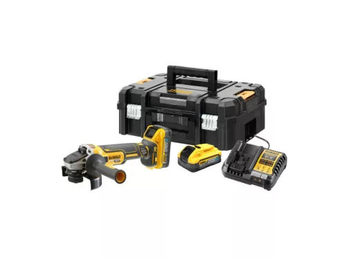 DEWALT Akkus sarokcsiszoló 125 mm 18 V (2 x 5,0 Ah Power Stack akku + töltő + TSTAK)