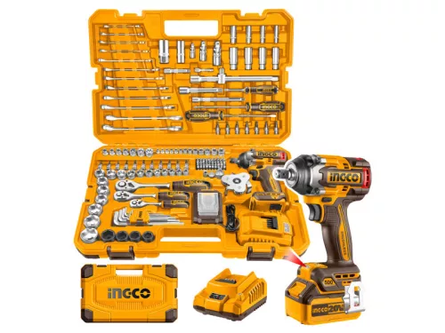 INGCO Akkus ütvecsavarozó 500 Nm szénk. nélk. 20 V (1 x 4,0 Ah akku + töltő) + 149 r. szersz. klt
