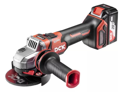 DCK Akkus sarokcsiszoló 125 mm szénkefe nélküli 20 V (1 x 5,0 Ah akku + töltő)