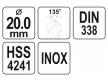 YATO Csigafúró 20,0 x 205/140 mm inox HSS Premium