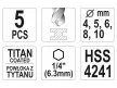 YATO Csigafúró készlet bit befogású 5 részes HSS Ti